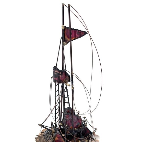 Vintage Nautical Decor Sculpture Copper Metal Sailboat On Marble Stone Base - Picture 3 of 10